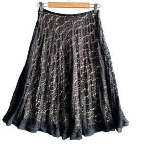 VTG Drama Lace Skirt Midi Pleated A-Line Black‎ Beige Whimsigoth Witch Size 2